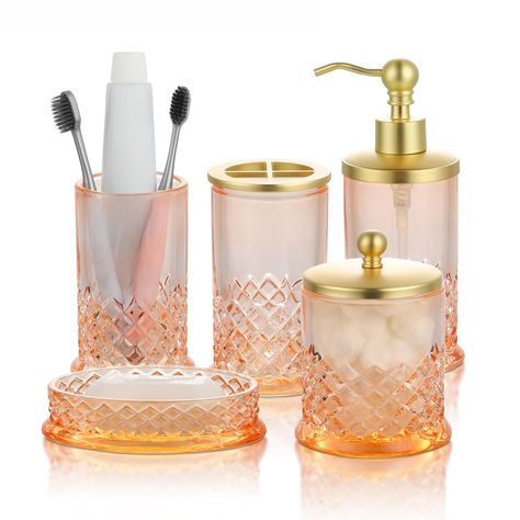 PRICES MAY VARY. 100% Glass High borosilicate glass, Fivefold transparency compared to ordinary glass, resistant to pressure and stains, durable, easy to clean and maintain 5pcs Bathroom Accessories Set Includes Soap Dispenser，Tumbler, Soap Dish, Toothbrush Holder and cotton pads jar. All the accessories are using top-notch hardware not the plastic,Stuable,Pefect plating coating to avoid fading and rusting,undergo durability testing to ensure the can withstand the constant pressure and inpact of Bathroom Decor Pink, Glass Bathroom Accessories, Guest Bathroom Decor, Bathroom Accessories Set, Bathroom Accessory Sets, Future Apartment, Glass Bathroom, Modern Bathroom Decor, Bathroom Accessory Set