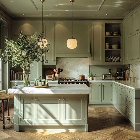 24 Beautiful Sage Green Kitchens You'll Want to Replicate • 333+ Art Images Green Kitchen Aesthetic Modern, Pale Sage Kitchen, Sage Green Kitchen Quartz Worktop, Kitchen Interior Sage Green, Olive Colour Kitchen, Pale Green Kitchen Ideas, Sage Countertops, Sage Green Cabinets Kitchen Paint Colors, Cream And Green Kitchen