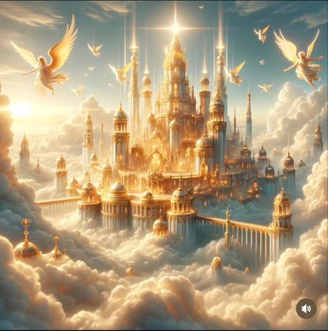 Heaven Kingdom Fantasy Art, Golden Castle Fantasy Art, Heaven Fantasy Art, Castle On Clouds, Heaven Castle, Heaven City, Magical Palace, Cloud Kingdom, Superhero Art Projects