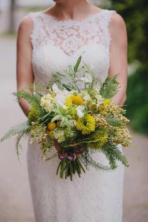 Rustic Fern, Wildflower and Craspedia Bouquet Craspedia Bouquet, Fern Bouquet, Fern Wedding, Rustic Wedding Backdrops, Rustic Wedding Ceremony, Yellow Wedding Flowers, Yellow Bouquets, Bride's Bouquet, Wedding Reception Flowers