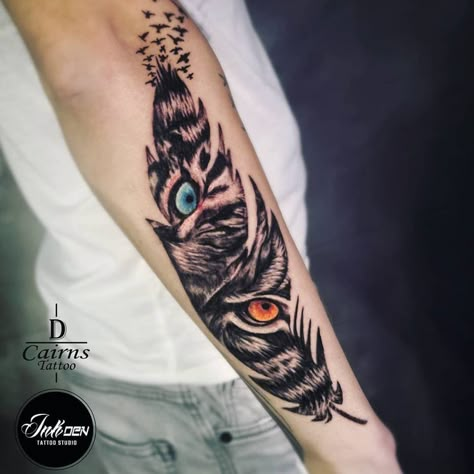 Feather Tiger Tattoo, Eagle Tattoo For Women Forearm, Lion Feather Tattoo Design, Tiger Feather Tattoo, Animal Tattoos For Men Forearm, Tiger Eyes Tattoo Design, Tattoo Tiger Women, Tiger Scratch Tattoo, Kurt Tattoo