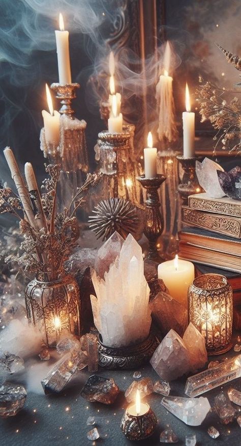 Witchy Christmas Aesthetic, Aesthetic Crystal Wallpaper, Crystal Collection Aesthetic, Winter Lock Screen, Witchy Winter, Sagittarius Wallpaper, Mystical Aesthetic, Witches House, Witchy Cottagecore