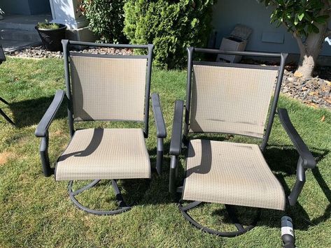 DIY Patio Makeover Idea on a Budget Diy Patio Chair Repair, Diy Patio Makeover, Patio Chairs Makeover, Patio Furniture Makeover, Chair Makeover, Patio Makeover, Diy Patio, My Parents, Patio Chairs