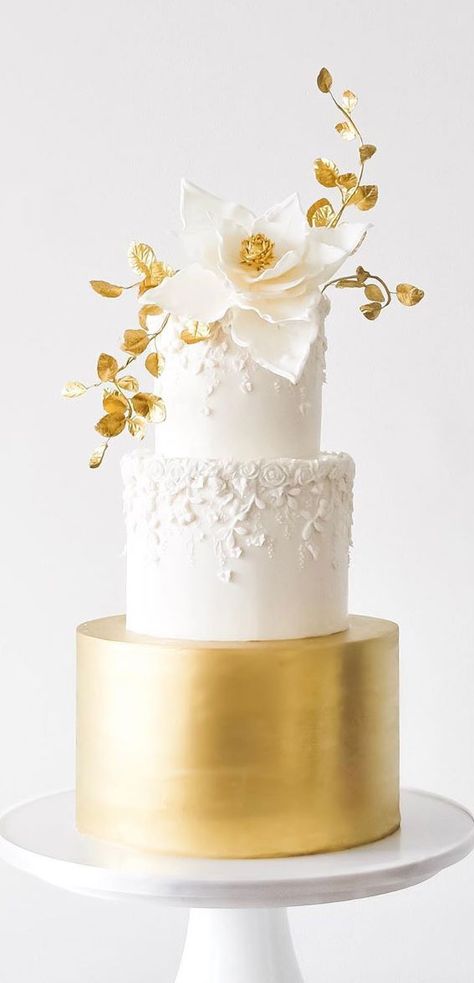 wedding cake Archives - Page 2 of 165 - Fabmood | Wedding Colors, Wedding Themes, Wedding color palettes White Wedding Cake Gold Leaf, Wedding Cake Gold Leaf, Concrete Wedding Cake, 25th Wedding Anniversary Cakes, Gold And White Cake, Concrete Wedding, Wedding Gatsby, Textured Buttercream, White And Gold Wedding Cake