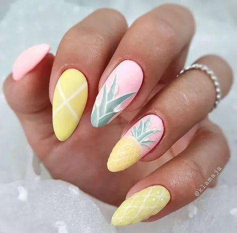 Tropical nails | Hawaiian nails and Hawaiian nail designs | Pineapple Nail Design, Hawaiian Nails, Tropical Nail Designs, Tropical Vacation Nails, Pineapple Nails, Palm Nails, Fruit Nails, Palm Tree Nails, Thanksgiving Nail Designs