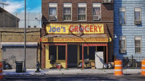 WIP - Brooklyn grocery store let me know what you think! Storefront Aesthetic, Trip To New York, Feeling Inspired, Shop Fronts, Dark Shadows, 3d Modelling, Urban Sketching, Environment Design, New York Street