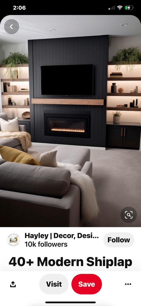 Black Wood Panel Fireplace Wall, Black Fluted Fireplace, Basement Reno, Black Fireplace, Black Tv, Accent Walls In Living Room, Black Fire, Fireplace Makeover, Fireplace Wall