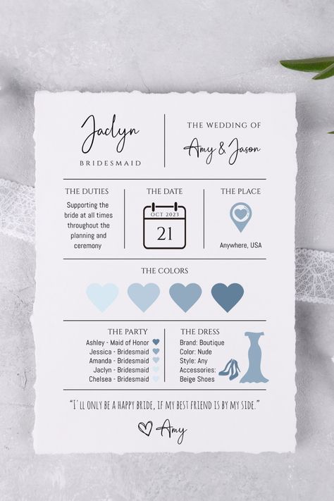 This beautifully designed card is filled with all the essential details your potential bridesmaids need to know. From the wedding date and location to dress styles and color palette, this card provides a sneak peek into your wedding vision. Bridesmaid Detail Cards, Bridesmaid Guide Card, Bridesmaid Responsibilities Card, Attire Guide Bridesmaid Card Design, Bridesmaid Information Card, Bridesmaid Template, Bridesmaid Info Card Template, Dresses And Shoes, Minimalist Bridesmaid