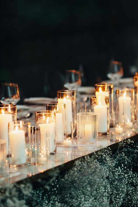 Candle Jar Wedding Decor, Reception Table Decorations Candles, Tablescape Candles Wedding, Candle Outdoor Wedding, Tall And Short Candles Wedding, Wedding Table Lots Of Candles, Table Full Of Candles, Candle Centerpieces Wedding Rectangle Table, Candles On Table Decoration