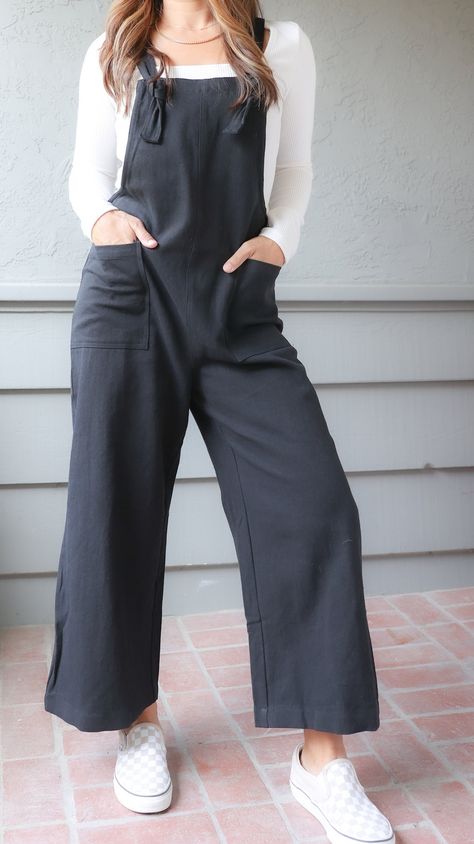 woman wearing a white long sleeve top, black wide leg jumpsuit, and checkered sneakers Walnut Creek, 110 Lbs, Local Farmers Market, Stylish Clothes For Women, Women Clothing Boutique, Wide Leg Jumpsuit, Look Chic, Quality Fashion, Comfortable Fashion