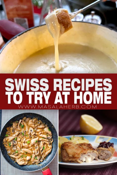 Typical Swiss Recipes to try at Home! - From cheesy meals to baked favorites, Swiss cuisine is special. Here are recipes from Switzerland that you can make at home. www.MasalaHerb.com What To Make With Swiss Cheese, Swiss Cheese Recipes Main Dishes, Swiss Dinner Recipes, Swiss Breakfast, Swiss Appetizers, Switzerland Appetizers, Swiss Food Recipes, Switzerland Recipes, Switzerland Food Recipes