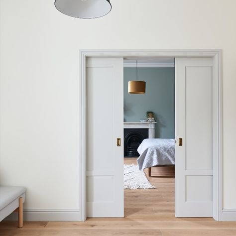 The pocket doors move in unison for ease of use, dividing the bedroom from the large master ensuite and walk in dressing room. Walk In Dressing Room, Pocket French Doors, Pocket Doors Bathroom, French Pocket Doors, Bedroom Divider, Double Pocket Doors, French Doors Bedroom, Veneer Door, Sliding Pocket Doors