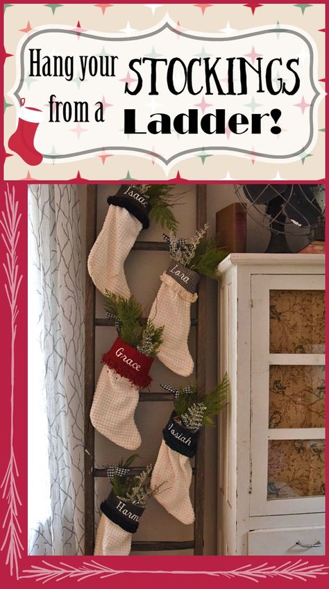 Ladder Christmas Stocking Holder, Blanket Ladder Stocking Holder, Hanging Stockings On Wall, Stocking Ladder Christmas, Stockings On Ladder, Ladder Stocking Holder, Christmas Stockings Ideas, Old Wood Ladder, Christmas Ladder