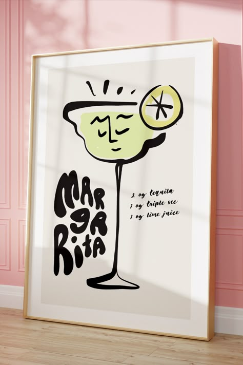 Simple Doodle Painting, Margarita Drawing, Margarita Design, Margarita Decor, Colourful Wall Art, Margarita Painting, Margarita Art, Margarita Illustration, Cocktail Poster