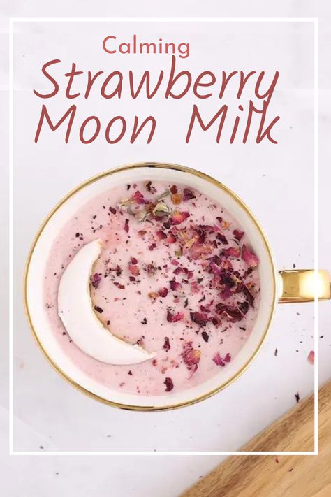 Pink Moon Milk, Comfort Drink Recipes, Calming Drinks, Strawberry Beverages, Comfort Drinks, Strawberry Moon Milk, Hot Tea Drinks, Moon Milk, Strawberry Moon