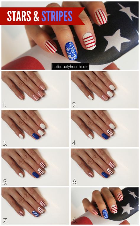 4th Of July Nails Easy At Home, Stars And Stripes Nails, Easy Firework Nail Design, Forth If July Nails Easy, Girls Nail Designs, Nail Art Stripes, Cute Nail Polish, 4thnof July Nails, Nail Services