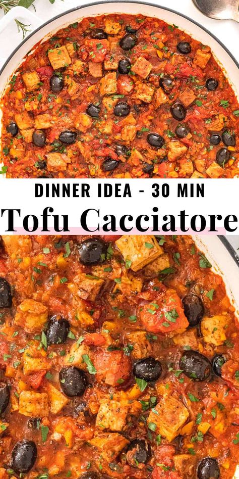 Tofu cacciatore is incredible and probably our favorite tofu recipe of all. Inspired by my Italian grandma's chicken cacciatore, we cook the tofu with a rich tomato sauce, olives, and herbs.We gave this to tofu-haters, and they LOVED it. It's a restaurant-worthy meal that you can easily make at home, with little effort, in about 30 minutes, and with a few simple ingredients. Tofu Cacciatore, Plant Based School, Cacciatore Recipes, Texas Caviar, Chicken Cacciatore Recipe, Tofu Dishes, Chicken Cacciatore, Vegetarian Main Dishes, Vegan Meal Prep