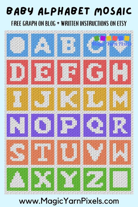 Get the Free Graph for this Baby Alphabet Mosaic Pattern. Modern graphs for c2c crochet, cross stitch & other crafts from Magic Yarn Pixels. C2c Alphabet Letters, Cross Stitch Monogram Patterns, Crochet Alphabet Letters, Crochet Letters Pattern, Intarsia Crochet, Crochet Cross Stitch, C2c Crochet Pattern Free, Crochet Alphabet, Crochet Letters