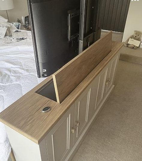 Tv Elevator Furniture, Console With Tv Lift, Hidden Tv Lift Cabinet, Diy Tv Lift Cabinet, Hidden Tv Bedroom, Tv In Bedroom Ideas, Pop Up Tv Cabinet, Hidden Tv Cabinet, Modern Bedroom Furniture Sets