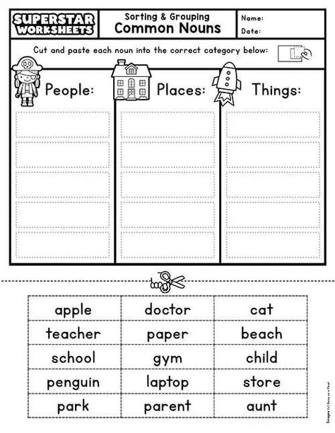 Worksheets For 1st Grade English, 1st Grade English Worksheets Activities, First Grade Free Worksheets, Assignments For Kindergarten, Grammar Worksheets For Kindergarten, English 2nd Grade, Noun Sorting Worksheet, Noun Activities For Grade 2, Free Printable Worksheets For 2nd Grade