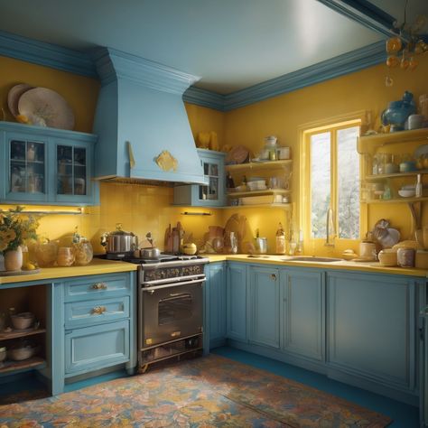 "a kitchen with blue cabinets and yellow appliances" Yellow Tile Kitchen Retro, Yellow Walls Blue Cabinets, Yellow Teal Kitchen, Yellow Kitchen Blue Cabinets, Teal And Yellow Kitchen, Kitchen Design 2023 Trends, Yellow Tile Kitchen, Yellow And Blue Kitchen, Kitchen Design 2023