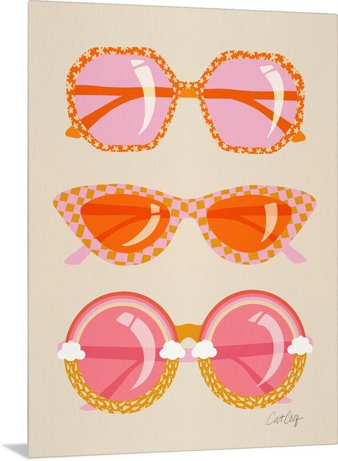 Metal Print entitled Retro Sunglasses Peach.  Multiple sizes available.  Primary colors within this image include Orange, Peach, Pink, Black.  Made in the USA.  Satisfaction guaranteed.  Inks used are latex-based and designed to last.  Canvas is acid-free and 20 millimeters thick.  Canvas frames are built with farmed or reclaimed domestic pine or poplar wood. Pijamas Drawing, Paintings For Big Canvases, Pink And Orange Prints, Retro Beach Decor, Retro Beach Art, Retro Pink Sunglasses For The Beach, Seasonal Paintings, Pink Fun Sunglasses For Beach, Pink And Orange Groovy Aesthetic