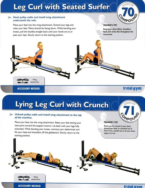 Sliding Bench Workout, Total Gym Exercise Chart, Total Gym Workouts, Lying Leg Curls, Bench Workout, Card Workout, Crunches Workout, Leg Curl, Workout Chart