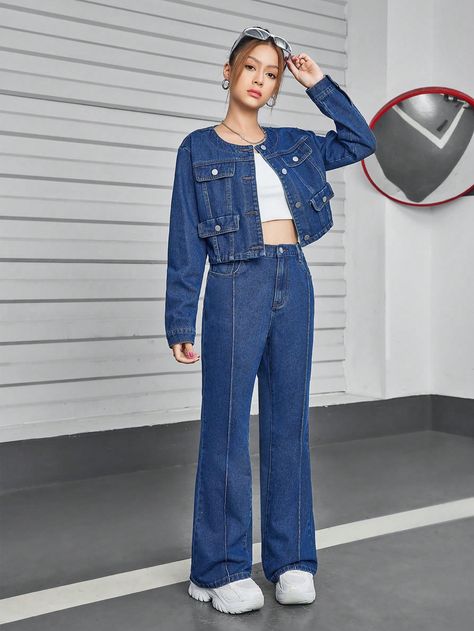 Teenage Girls' Casual Retro Denim Bell-Bottom Pants Set Dark Wash       Non-Stretch  Teen Girls Clothing, size features are:Bust: ,Length: ,Sleeve Length: Jean Top Outfits, Stylish Jeans, Shirts For Teens, Bell Bottom Pants, Teenage Girls, Girls Denim, Bell Bottom, Kids Sleepwear