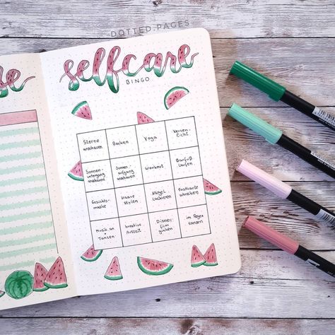 Meike | BuJo | Lettering on Instagram: “[advertisement] Selfcare bingo for June 🍉 . I saw this idea by @cayaline and last month I did my first one. Unfortunately I haven't reached…” Bujo Lettering, Instagram Advertisement, 2025 Planner, Bingo Sheets, Bullet Journal Ideas Templates, Bullet Journal Quotes, Notebook Ideas, Journal Quotes, Journal Inspo