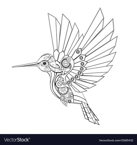 Mechanical Hummingbird, Hummingbird Vector, Phoenix Vector, Black Contour, Angel Vector, Steampunk Animals, Steam Ideas, Bow Vector, Feather Vector