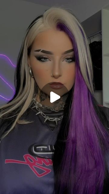 Half And Half Hair Color Ideas, Half Half Hair Color, Black And Purple Hair Ideas, Smokey Lavender Hair, Purple Money Piece Hair, Alt Hair Colors, Underlayer Hair Color, Purple And Blonde Hair, Halloween Hair Dye