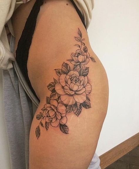 Hip Tattoos Women Peonies, Floral Side Piece Tattoo, Woman’s Hip Tattoo, Tattoo Ideas Hip Thigh Piece, Hip And Side Tattoos Women, Delicate Hip Tattoos Women, Rib Tattoos For Women Side Tat, Flower Hip Tattoo Thigh Piece, Women Leg Tattoo Thigh Tat