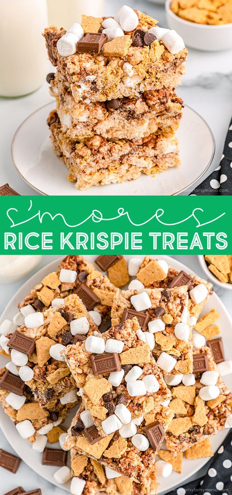 S'mores Rice Krispie Treats | artsy-fartsy mama S’mores Rice Krispie Treats, Smore Rice Krispie Treats, Smores Treats, Rice Krispie Treats Recipe, Dessert Summer, Krispie Treats Recipe, Rice Crispy Treats, 9x13 Baking Dish, Crispy Treats