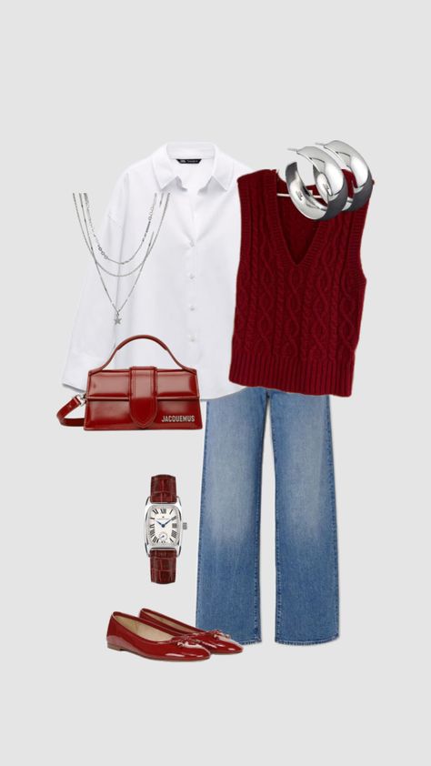 red flats, dark red outfit, preppy outfit, dad jeans, collared shirt, silver jewelry #silver #red #darkred #maroon #jeans #preppy Dark Red Outfit, Collared Shirt Outfit, Red Collared Shirt, Jeans Preppy, Maroon Jeans, Outfit Preppy, Red Flats, Dad Jeans, Preppy Outfit