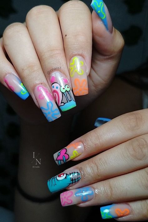 SpongeBob squarepants nails, gary, plankton, Summer inspiration nails, green, pink, summer 2023, 2k23, uñas, unhas Plankton Nail Art, Gary Nails, Spongebob And Patrick Nails, Squidward Nails, Plankton Nails, Spongebob Nails Acrylic, Nails Green Pink, Spongebob Nail Art, Spongebob Nails