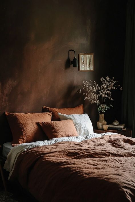 Rust Bedroom, Dark Academia Bedroom, Terracotta Bedroom, Dark And Moody Bedroom, Academia Bedroom, Red Bedroom, Warm Bedroom, Moody Bedroom, 70s Home