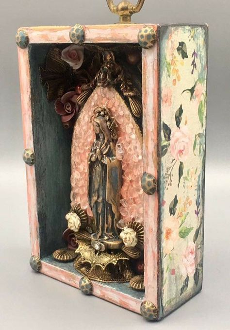 Upcycled Electronics, Mary Shrine, Virgin Mary Shrine, Assemblage Art Mixed Media, Shrines Box, Shrines Art, Assemblage Art Dolls, Catholic Crafts, Matchbook Art