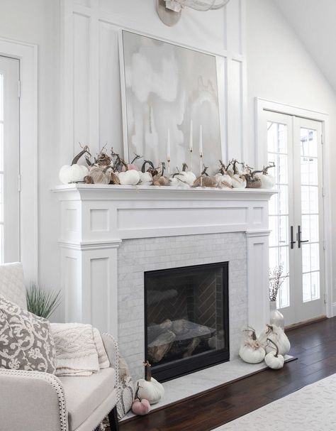 Mantel Designs Fireplace, Decor Around Fireplace, White Mantle Fireplace, Marvel Portraits, Alpine Decor, Pumpkin Aesthetic, Lakeside House, White Mantle, Fireplace Trim