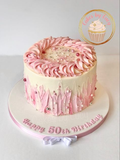 Pink and cream buttercream cake 50th birthday Kek Birthday, Cake 50th Birthday, Birthday Cake Girl, Cream Birthday Cake, Cake Girl, Colour Theme, Theme Cake, Girl Cakes, Pink Colour