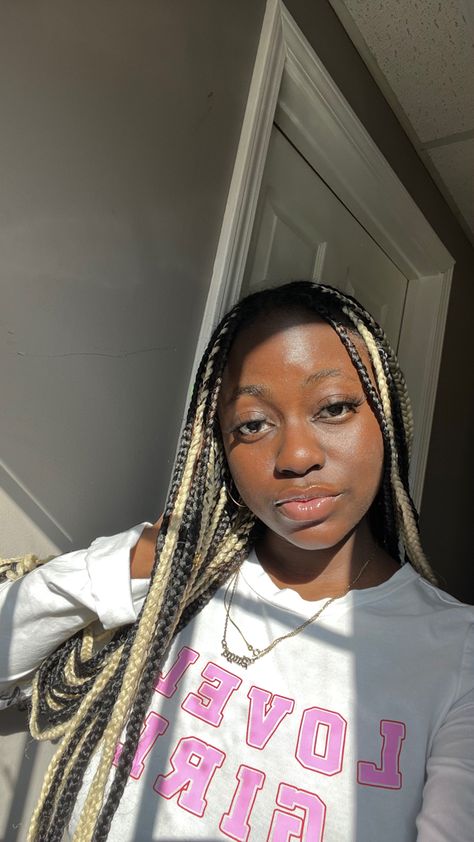 Black Box Braids With Blonde Highlights, Skunk Hair Braids, Peakaboobraids Black And Blonde, Knotless Braids Black And Blonde, Black And Blond Braids, Blonde And Black Box Braids, Skunk Braids, Braids Black And Blonde, Black And Blonde Knotless Braids