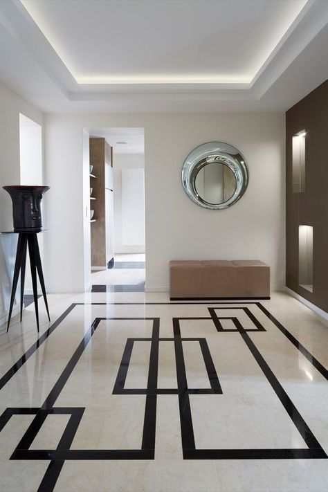 Modern tile floor interior design Tiles Design For Hall, Modern Floor Tiles, White Flooring, Black And White Floor, Best Bathroom Flooring, Floor Tiles Design, Marble Flooring Design, Foyer Flooring, Flooring Pattern