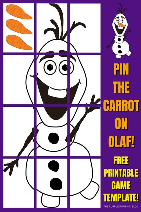 Print this free Pin the Carrot on Olaf template and set up this fun game for the whole family! A Disney twist on a classic kids party game, everyone's favorite snowman has lost his nose and needs it put back!  See who can place Olaf's carrot closest to where it should be! #PinTheCarrotOnOlafTemplate #FreePrintables #ThePurplePumpkinBlog #Olaf #OlafPrintables #DisneyPrintables #FrozenPrintables #OlafSnowman #ChristmasPrintables Olaf Pin The Nose Game, Pin The Carrot On Olaf, Free Frozen Party Printables, Pin The Nose On Olaf Printable Free, Olaf Crafts For Toddlers, Frozen Templates Printables, Disney Themed Games For Kids, Disney Theme Games, Frozen Party Games For Kids