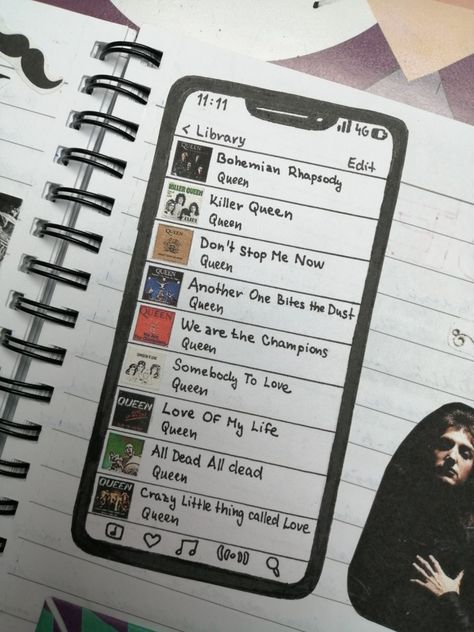 Burnbook Page Ideas, Emo Journal Ideas, Music Journal Ideas, List Drawing, Playlist Music, Music Journal, Bulletin Journal Ideas, Play List, Memory Journal