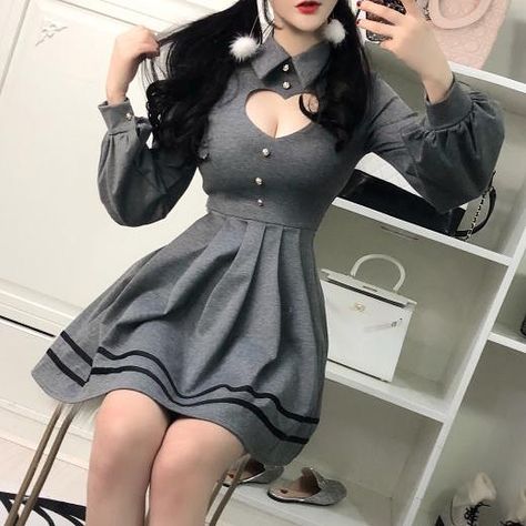 Sexy hollow heart chest dress 😍😘 Who would wear this and which color?  Get it at https://syndromestore.com 🔍Searc Kimono Yukata, Outfit Korean, Lantern Sleeve Dress, Heart Dress, Kawaii Clothes, Korean Outfits, Kawaii Fashion, Gray Dress, Bridesmaid Dress