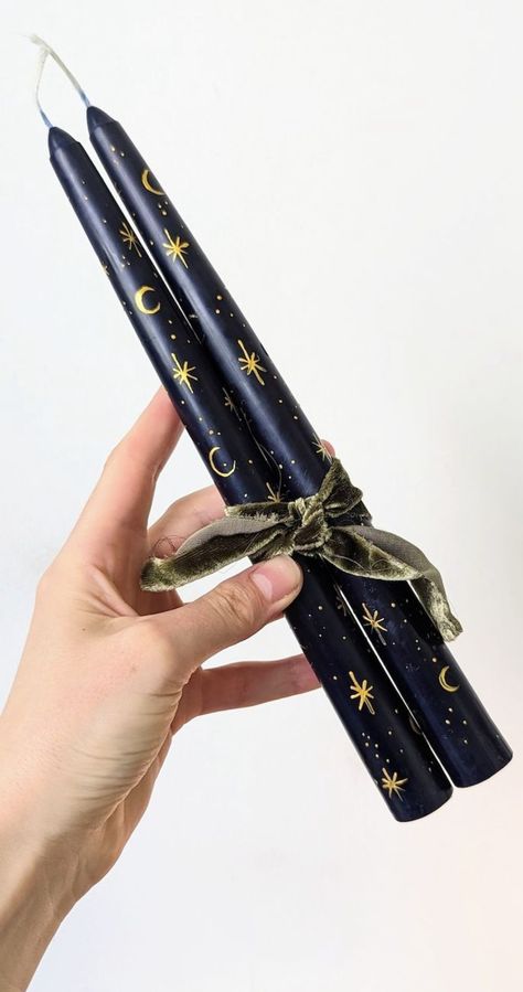 Hand Painted Halloween Candles, Witchy Wedding Table Decor, Candle Painting Ideas, Painted Taper Candles, Dark Blue Candles, Moon And Stars Design, Moon And Star Design, Candle Painting, Witchy Candles