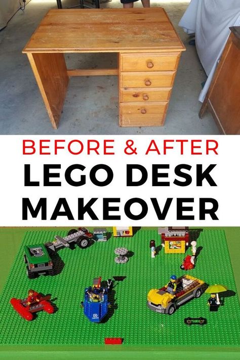 Wooden Desk Makeover, Lego Kindergarten, Diy Desk Makeover, Diy Wooden Desk, Dipped Furniture, Lego Desk, Lego Table Diy, Raw Wood Furniture, Computer Diy