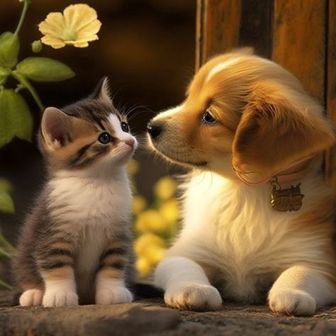 Celebrate Each New Day, Puppy And Kitten, Nice Painting, Cute Puppies And Kittens, Cute Animal Clipart, Animals Friendship, Pretty Dogs, Kittens And Puppies, Cute Animals Images