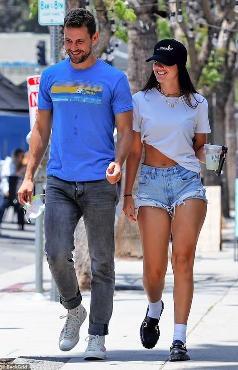 Nick Viall smiles as girlfriend Natalie Joy shows off figure in cropped t-shirt and Daisy Dukes | Daily Mail Online Nick Viall And Natalie Joy, Natalie Joy, Nick Viall, Made In Chelsea, Daisy Dukes, Reality Tv Stars, Mommy Style, Crop Tshirt, Mens Outfits