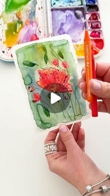 Anna Koliadych on Instagram: "Quick and fun poppies painting: watercolor with wax crayons, using the resist watercolor technique. Give it a try! 🥰❤️ #watercolor #watercolortutorial #crafts #diy #watercolorillustration #watercolorinspiration #artprocess" Crayons Artwork, Poppies Painting, Wax Crayons, Wax Painting, Poppy Painting, Watercolour Tutorials, Watercolor Inspiration, Water Painting, Process Art