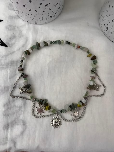 Funky Necklaces Jewelry, Alternative Beaded Jewelry, Handmade Necklaces Diy, Goblincore Bracelet, Diy Punk Necklace, Necklace Diy Ideas, Handmade Fairy Grunge Necklaces For Gifts, Handmade Fairy Grunge Jewelry, Fairy Grunge Silver Beaded Jewelry